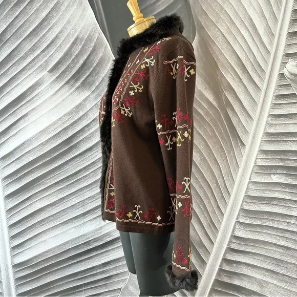 Bohemian Boho L Sweater Cardigan Shacket Merino Wool Rabbit Fut Brown Red Gold - Picture 5 of 16